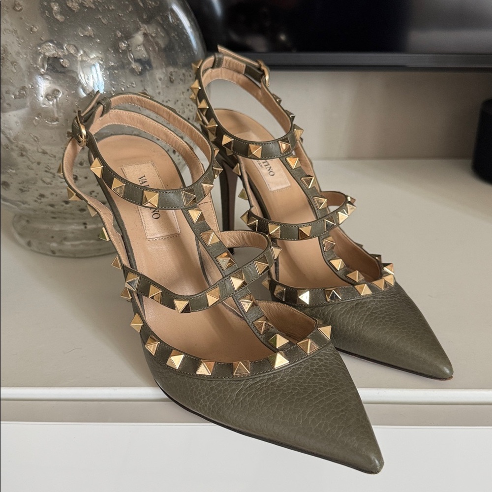 Valentino Olive Green Studded Leather Heels